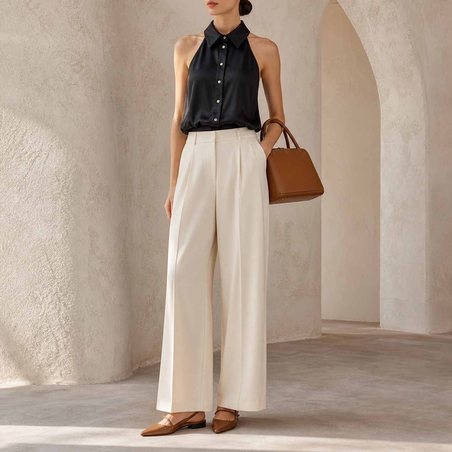 Black halter-neck satin shirt by Lord & Taylor Heritage, full-length front view on model