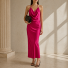 Fuchsia pink satin halter dress with cowl neckline, full-length front view by Lord & Taylor Heritage