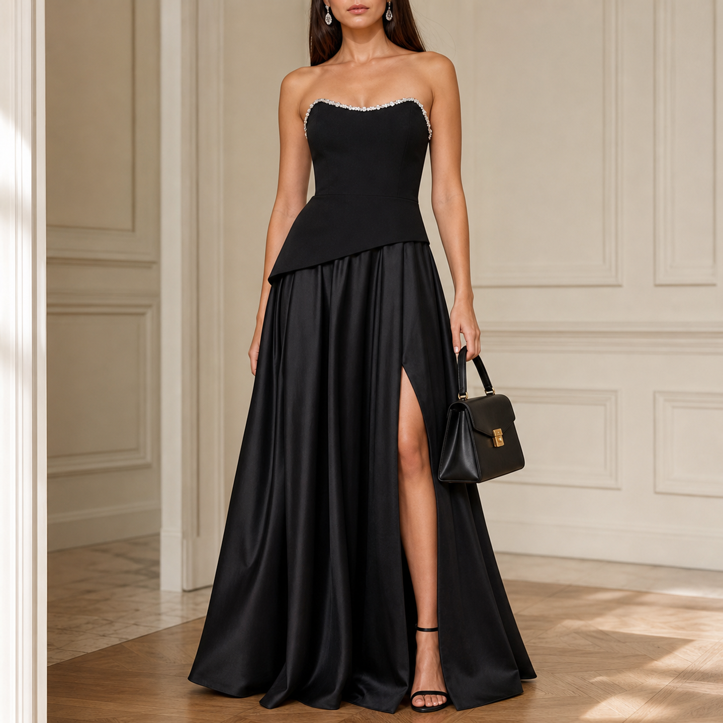 Black strapless satin gown with crystal trim, full-length front view by Lord & Taylor Heritage