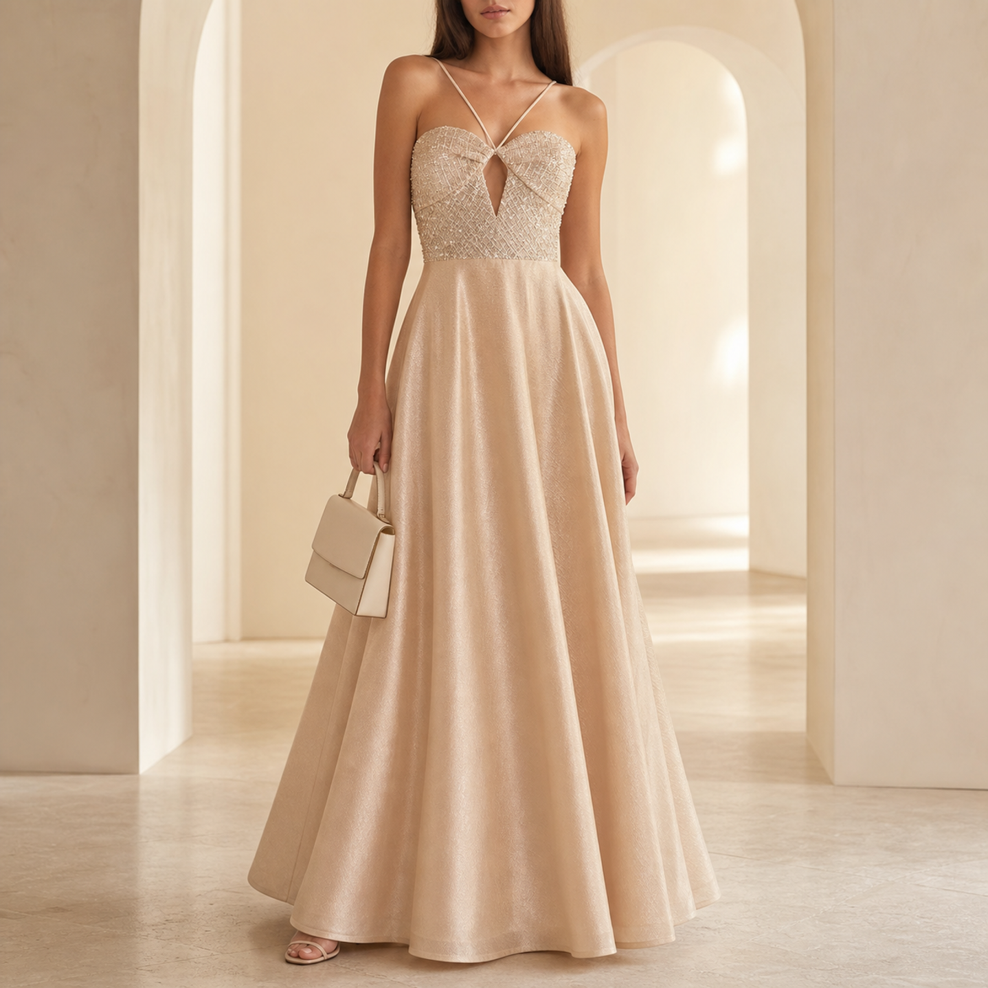 Champagne beaded ball gown with sweetheart neckline by Lord & Taylor Heritage, full length front view