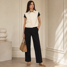 Beige sleeveless utility vest on model, full length view by Lord & Taylor Heritage