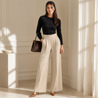 Champagne satin wide-leg trousers with high waist, full-length view by Lord & Taylor Heritage
