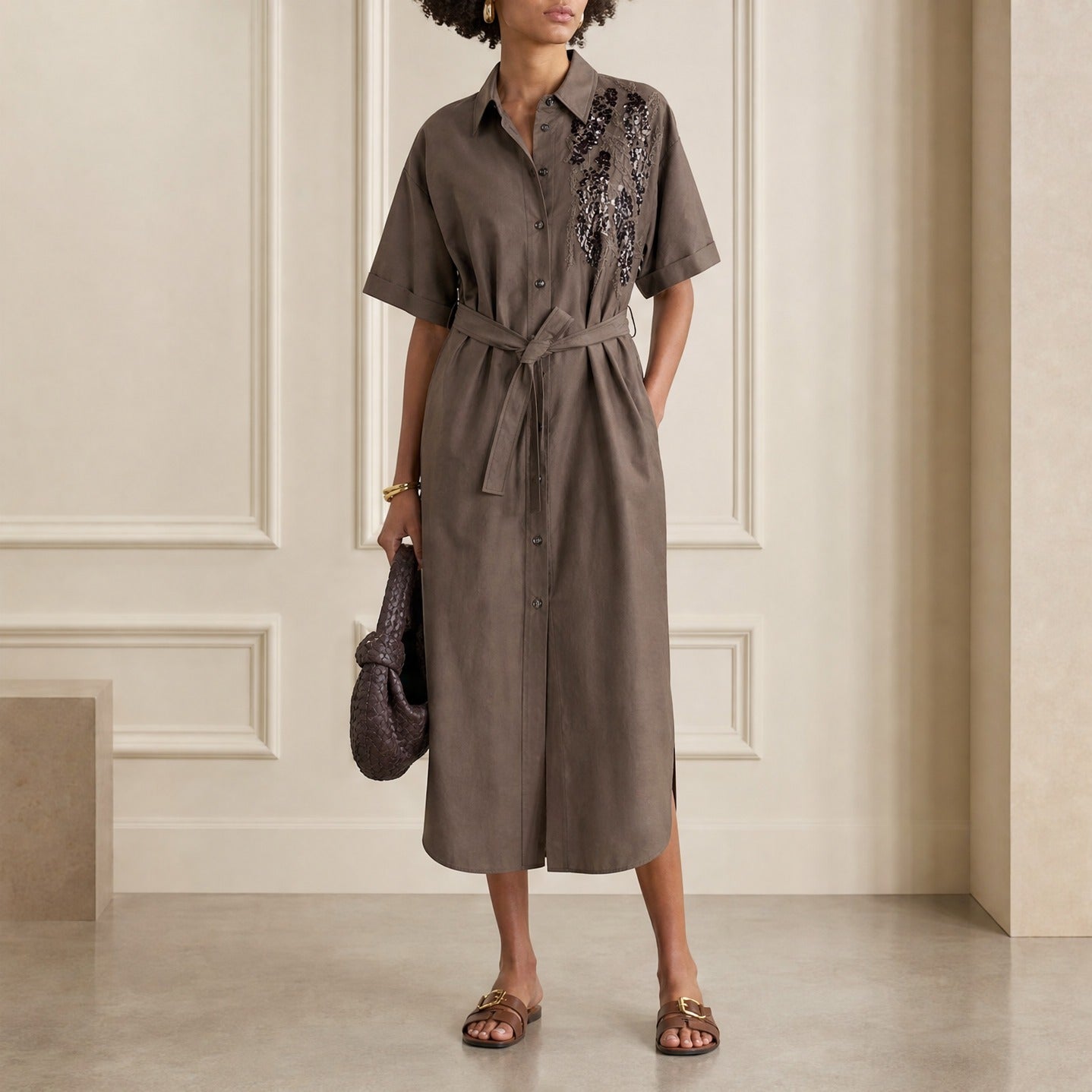Brown midi shirt dress with self-tie belt by Brunello Cucinelli, full body view