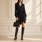 Black wrap mini dress with ruffle detail by Lord & Taylor Heritage, full-length front view