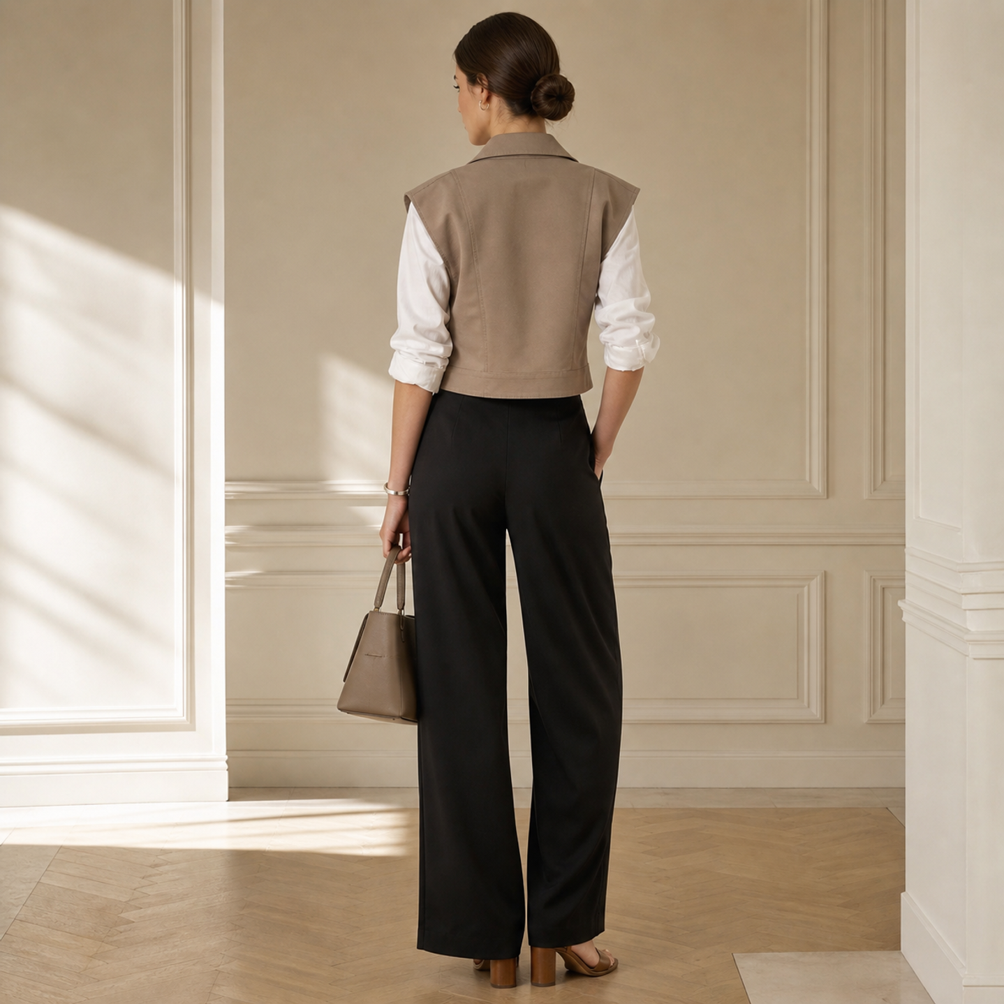 77BACKIMAGE NEEDED Lord & Taylor Heritage Sleeveless Wrap Vest, Ecru — on model, full length