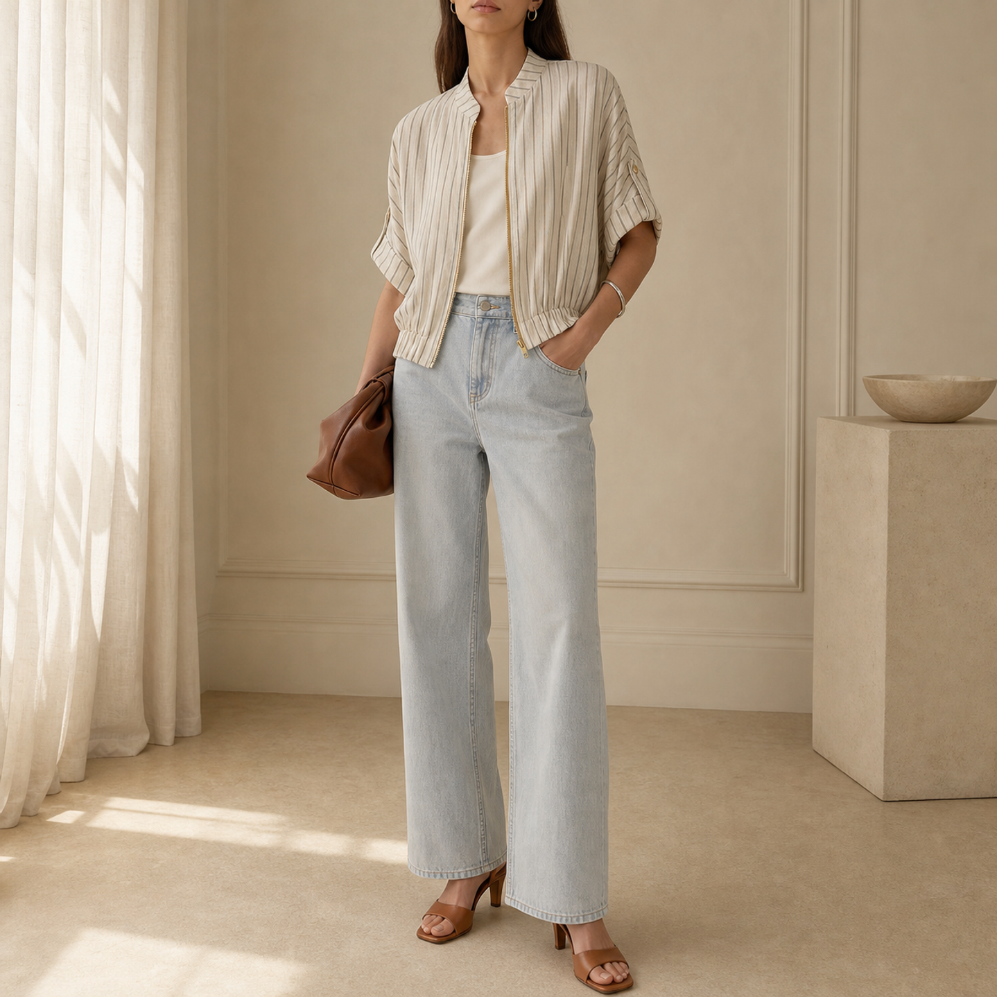 Beige pinstripe linen-blend bomber jacket on model, full-length view by Lord & Taylor Heritage