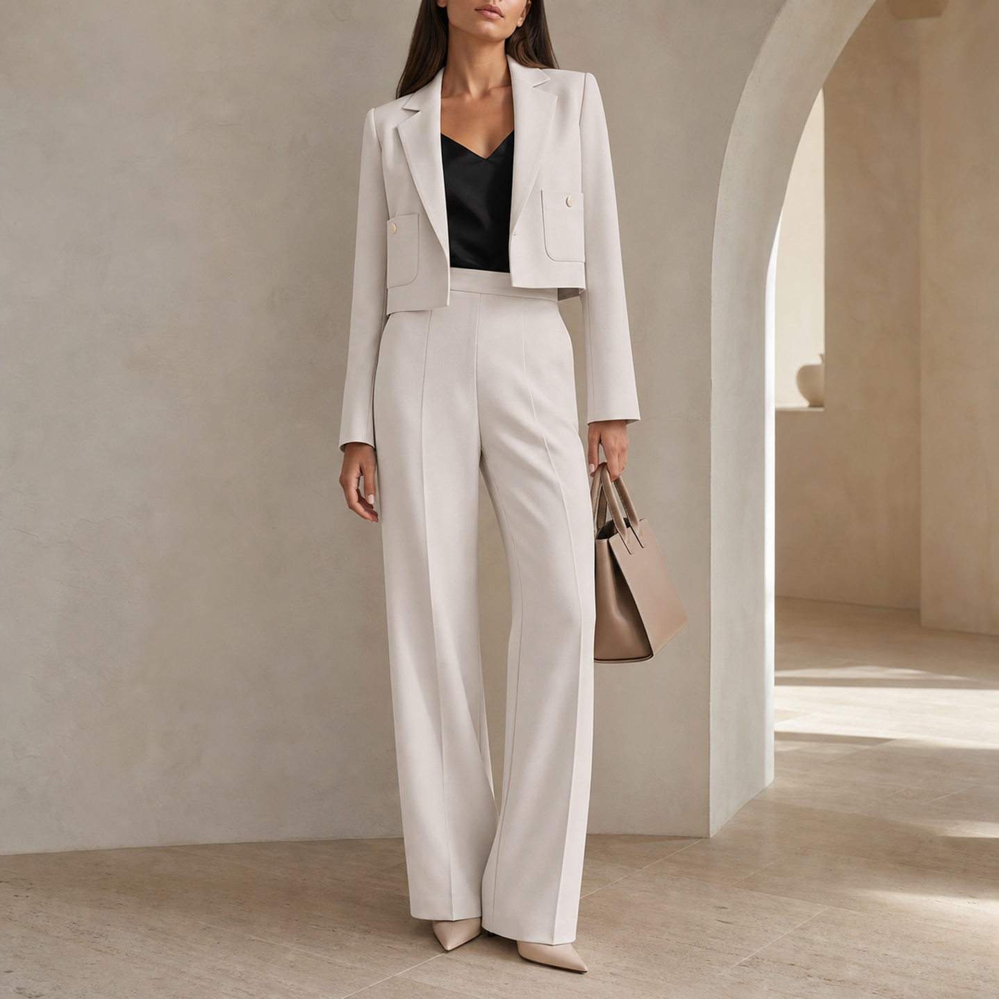 Stone beige cropped blazer suit set with wide-leg trousers by Lord & Taylor Heritage, full length view