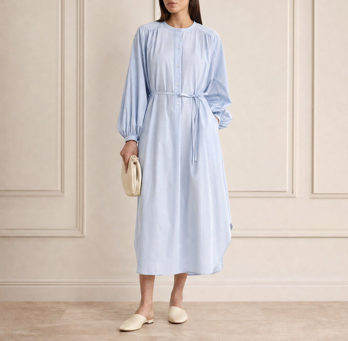 Light blue LOULOU Vitti dress with raglan sleeves, full body front view