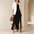 Black polka dot pleated maxi skirt with tulle fringe hem by Lord & Taylor Heritage, full-length front view