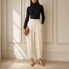 No belt loop line in front Lord & Taylor Heritage Barrel-Leg Trousers, Cream — on model, full length