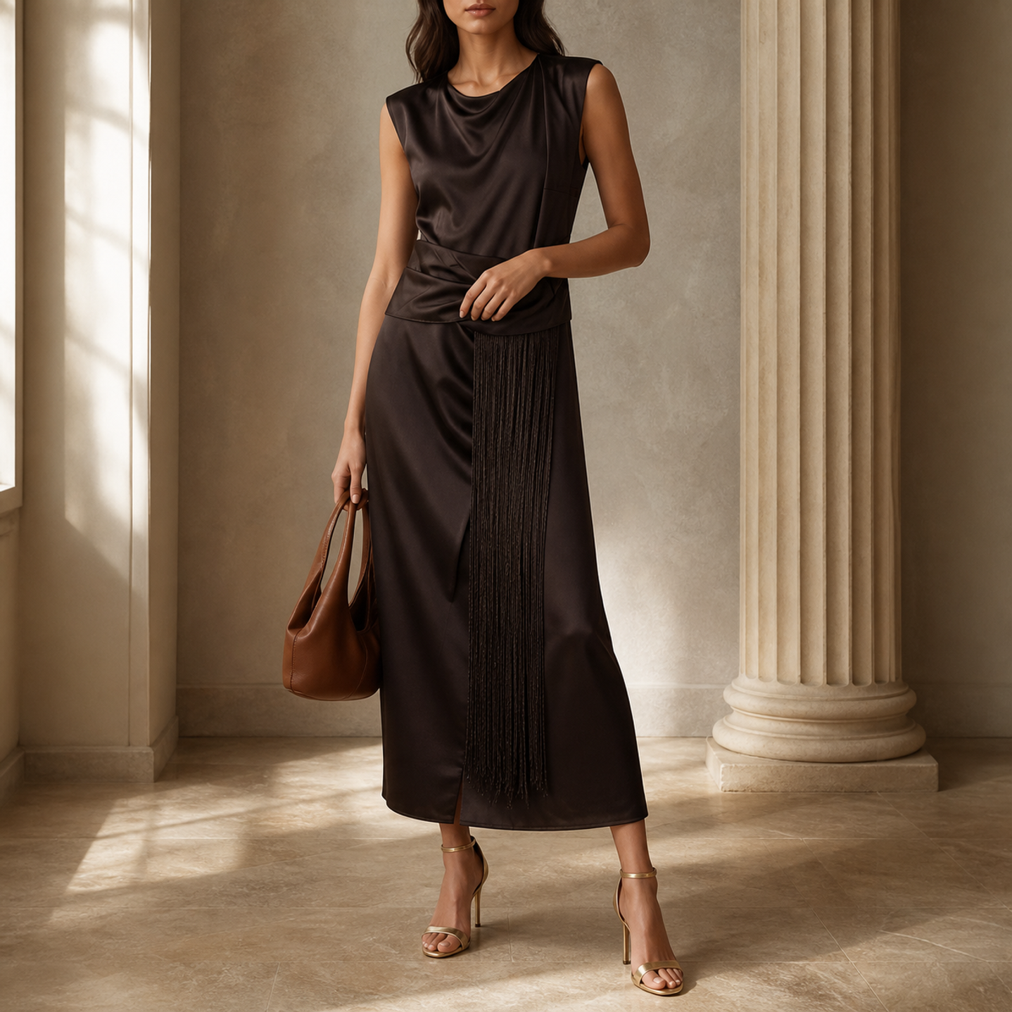 Espresso brown satin maxi dress with cascading fringe by Lord & Taylor Heritage, full length view
