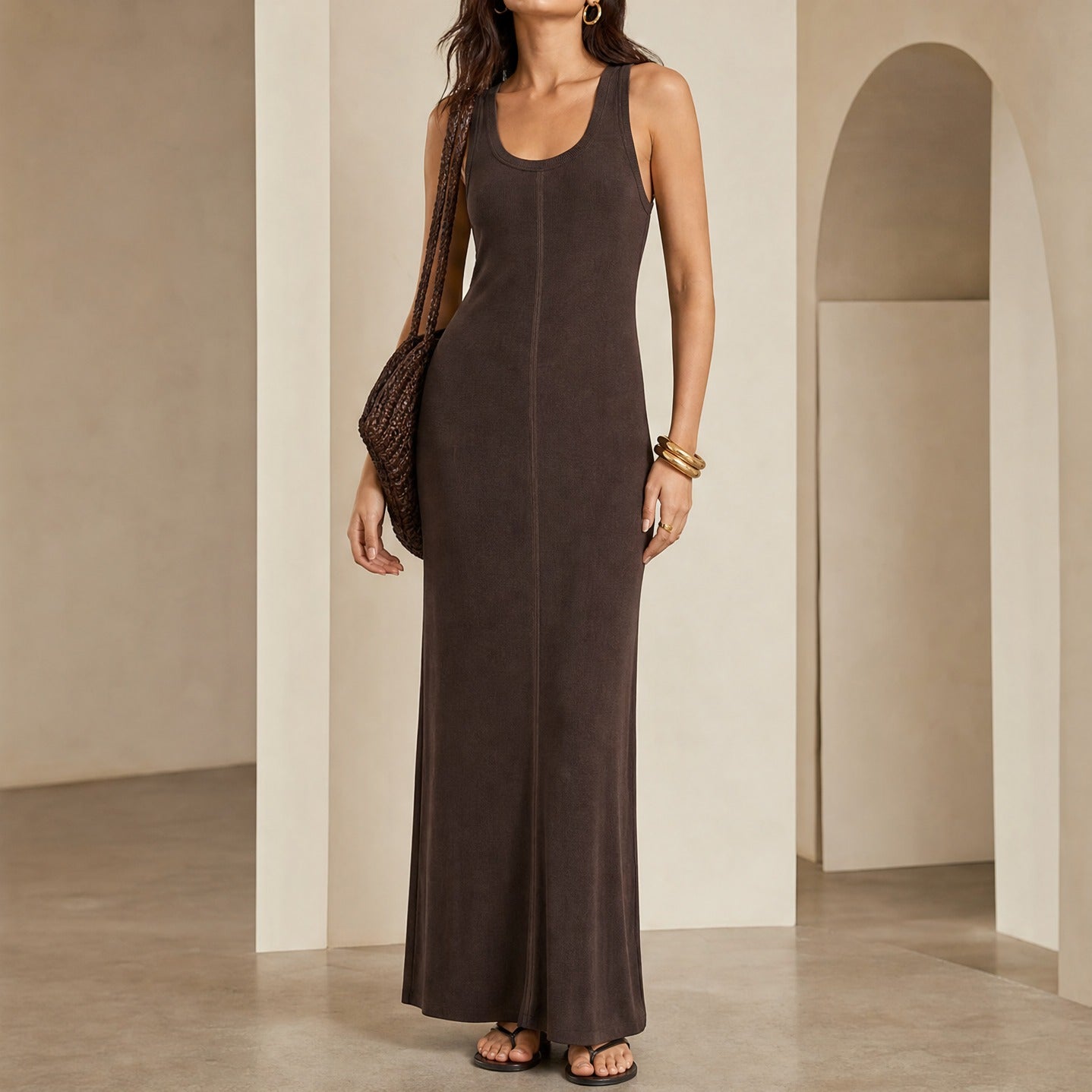Brown sleeveless maxi knit dress full-body view by LOULOU DE SAISON
