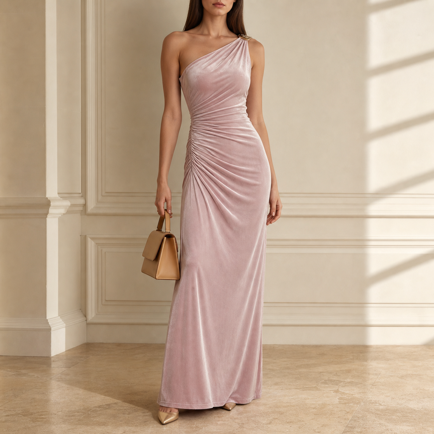 Mauve pink velvet gown with one-shoulder neckline by Lord & Taylor Heritage, full-length front view