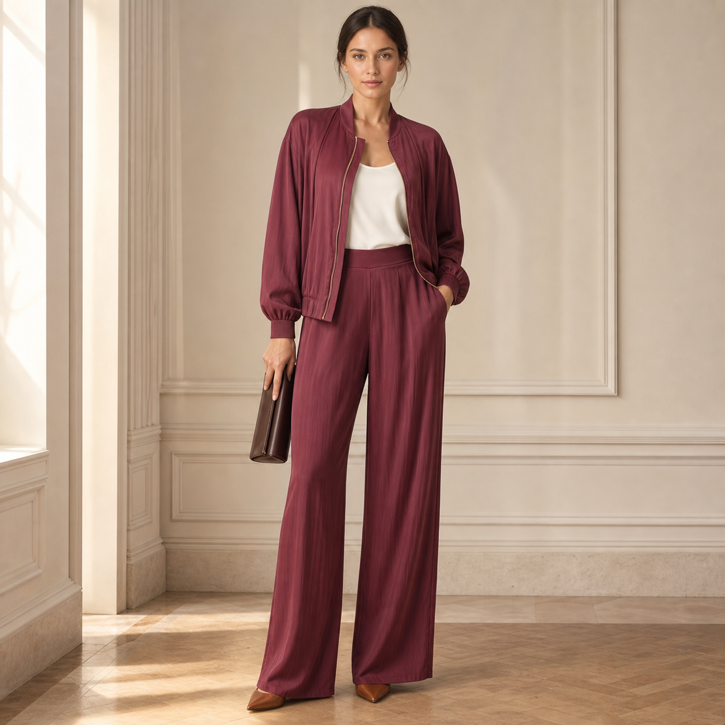 Burgundy satin wide-leg trousers flat lay product shot by Lord & Taylor Heritage