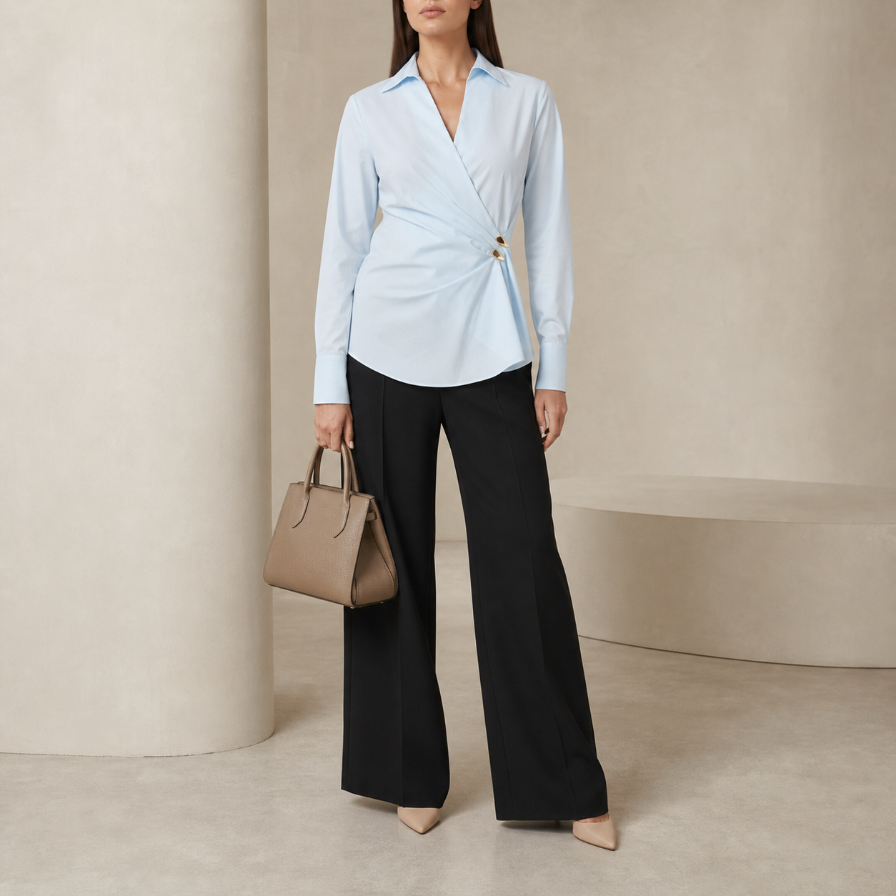 Powder blue wrap blouse with gold buttons by Lord & Taylor Heritage, full-length front view on model
