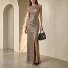 Khaki sequin column gown with high boat neckline, full-length front view by Lord & Taylor Heritage