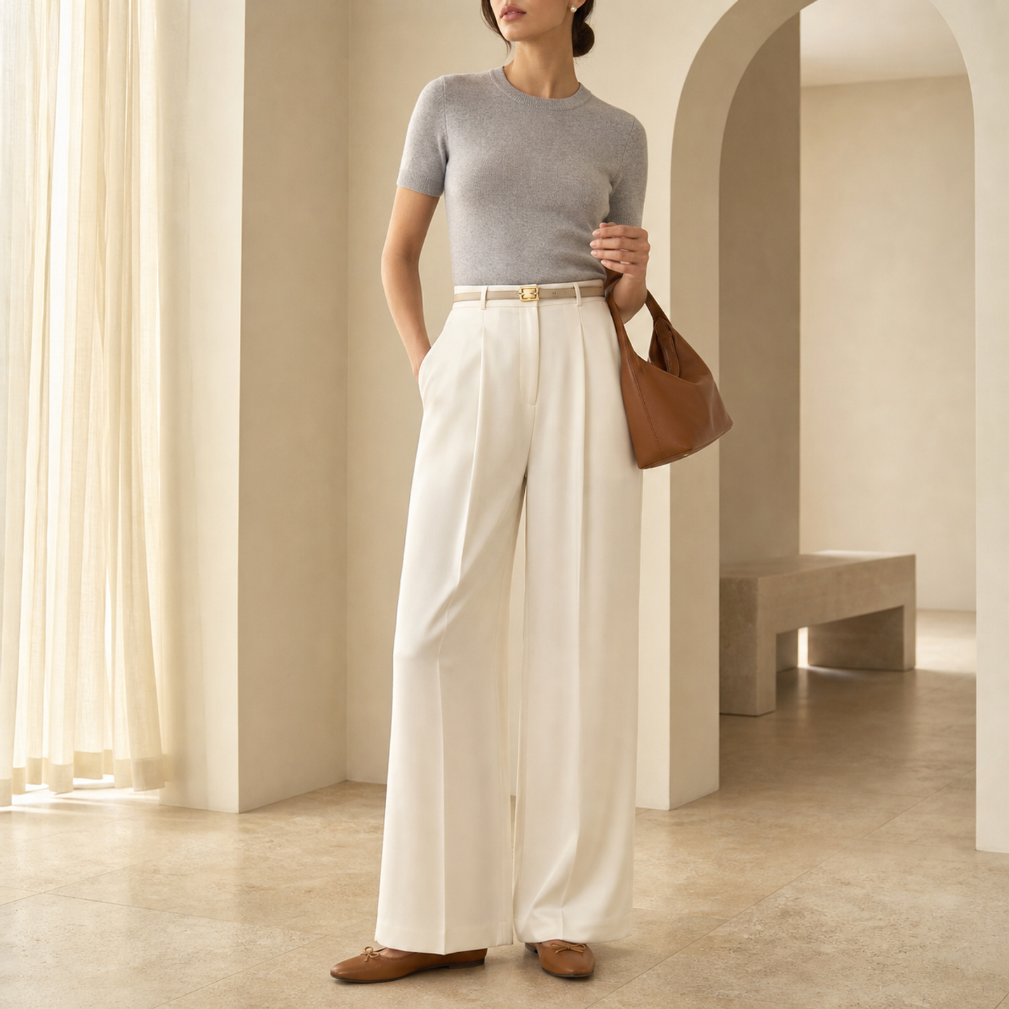 Champagne satin wide-leg trousers by Lord & Taylor Heritage, full-length front view on model