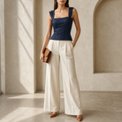 Navy sleeveless peplum top with square neckline, full-length view by Lord & Taylor Heritage