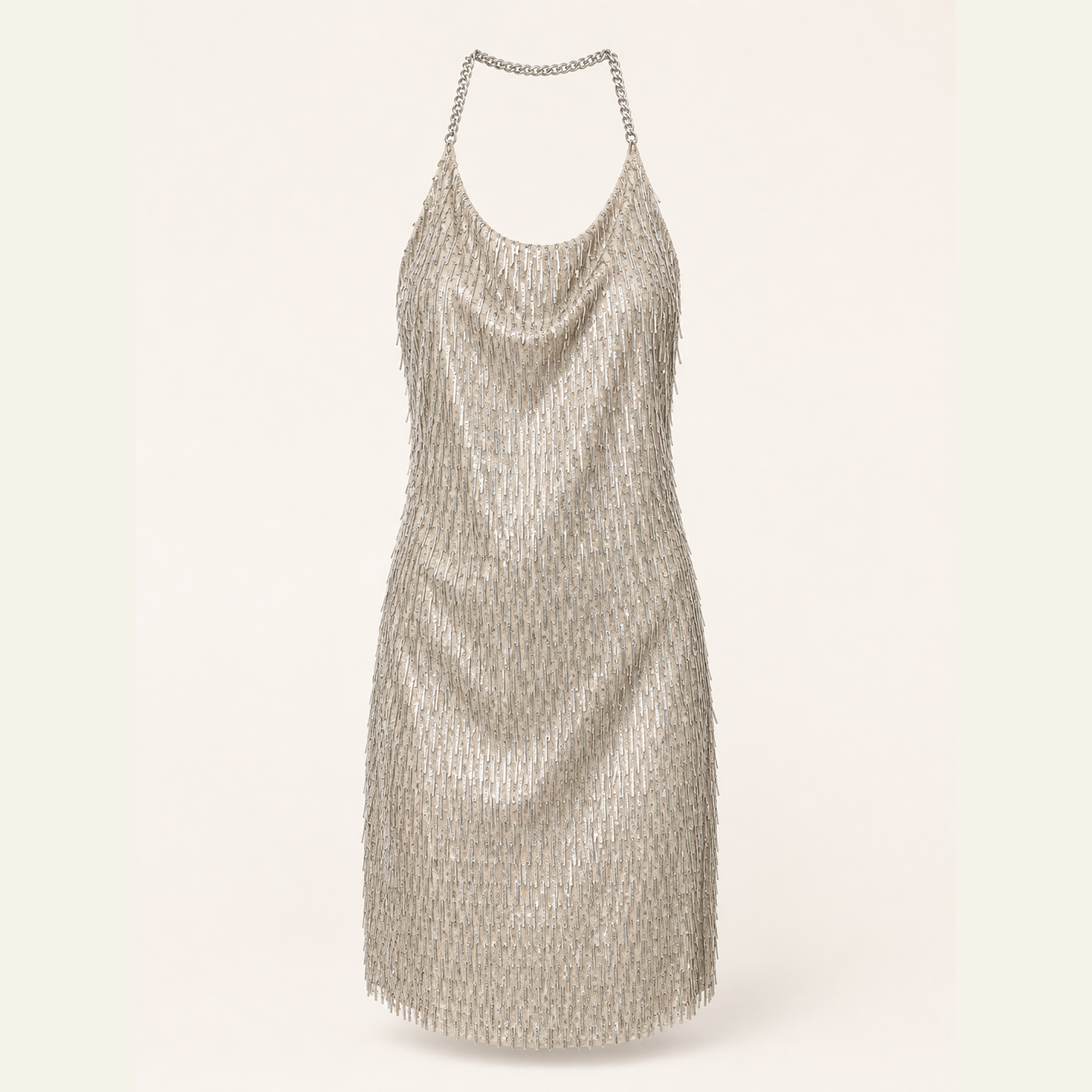 Beige beaded fringe mini dress flat lay by Lord & Taylor Heritage