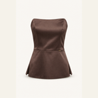 Brown satin peplum top with gold belt accent, flat product view