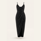 Black sequin wrap dress flat lay showing tulip skirt with front slit
