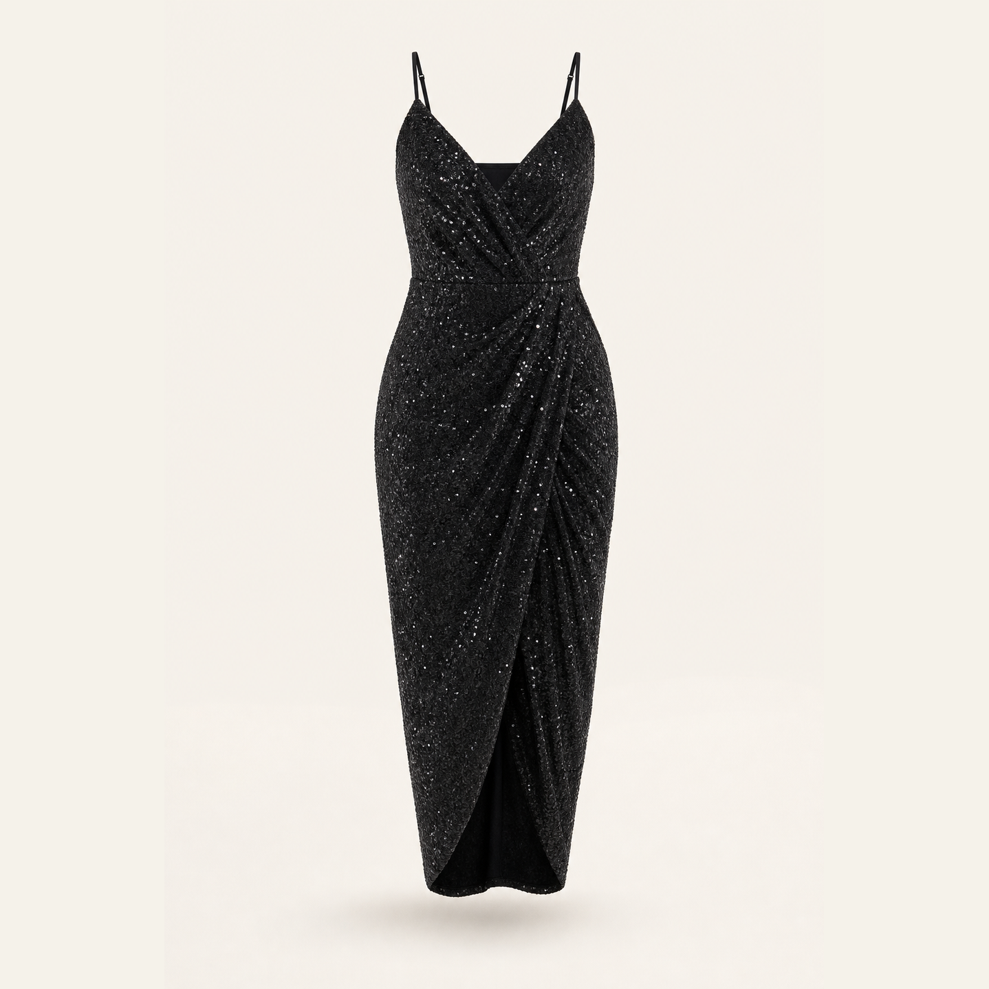 Black sequin wrap dress flat lay showing tulip skirt with front slit