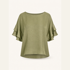 Olive green ruffle-sleeve top by Lord & Taylor Heritage, flat lay product view