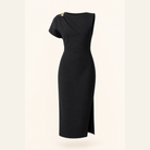 Black asymmetric midi dress flat lay by Lord & Taylor Heritage