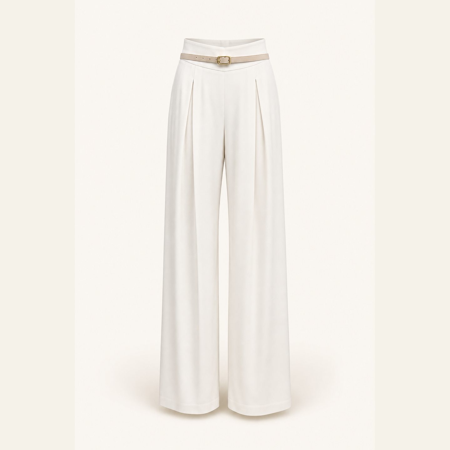 Champagne satin wide-leg trousers flat lay product shot showing full silhouette
