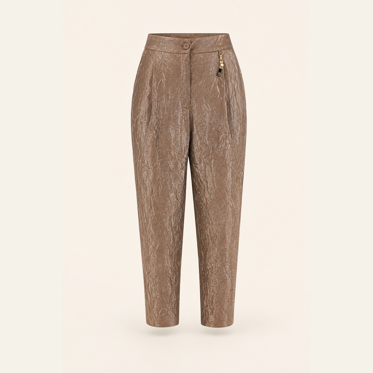 Beige metallic tapered trousers by Lord & Taylor Heritage, flat product shot