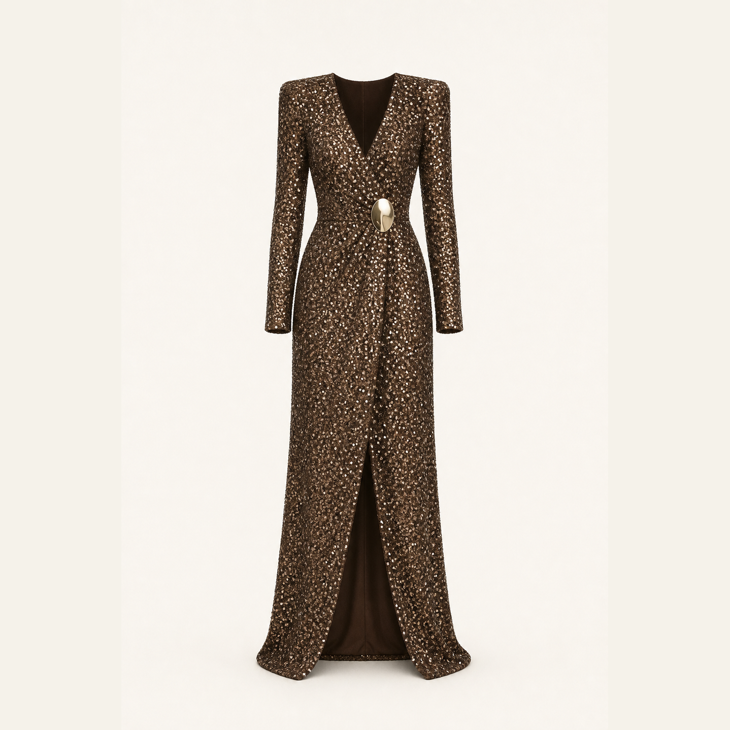 Khaki bronze sequin maxi gown with long sleeves by Lord & Taylor Heritage, flat product view