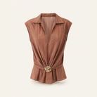 Chestnut brown sleeveless shirt with wrap-tie sash and gold buckle, flat product view by Lord & Taylor Heritage