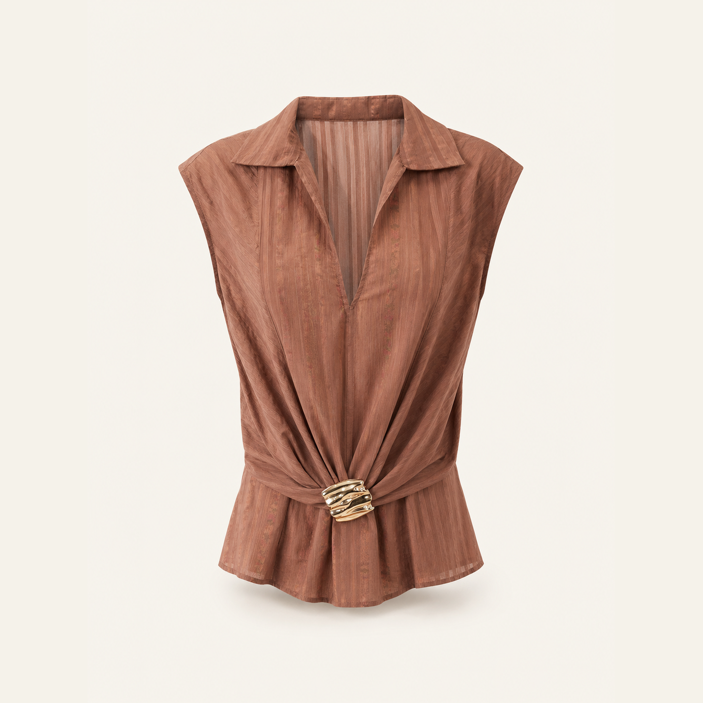 Chestnut brown sleeveless shirt with wrap-tie sash and gold buckle, flat product view by Lord & Taylor Heritage