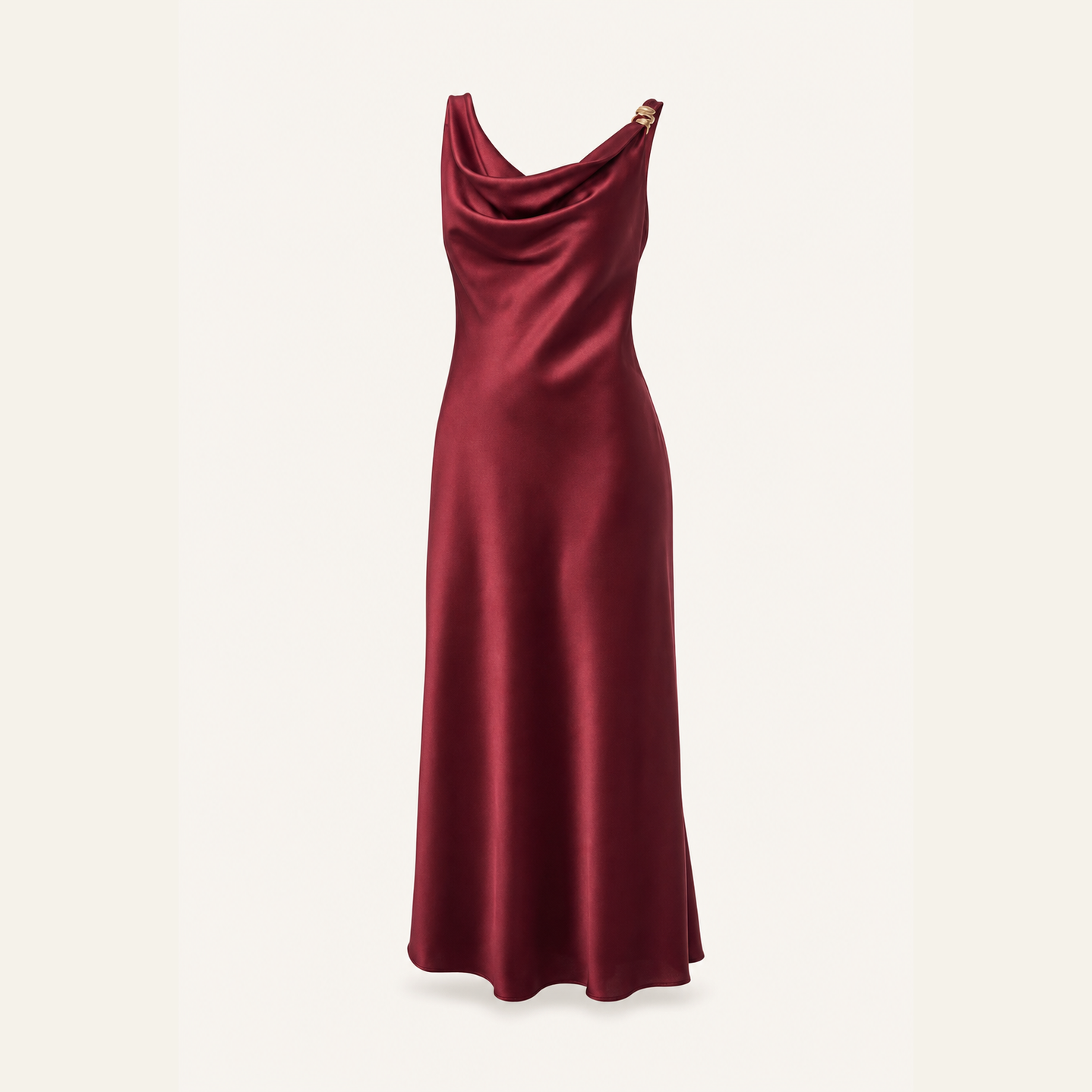 Burgundy satin cowl-neck midi slip dress by Lord & Taylor Heritage, flat lay