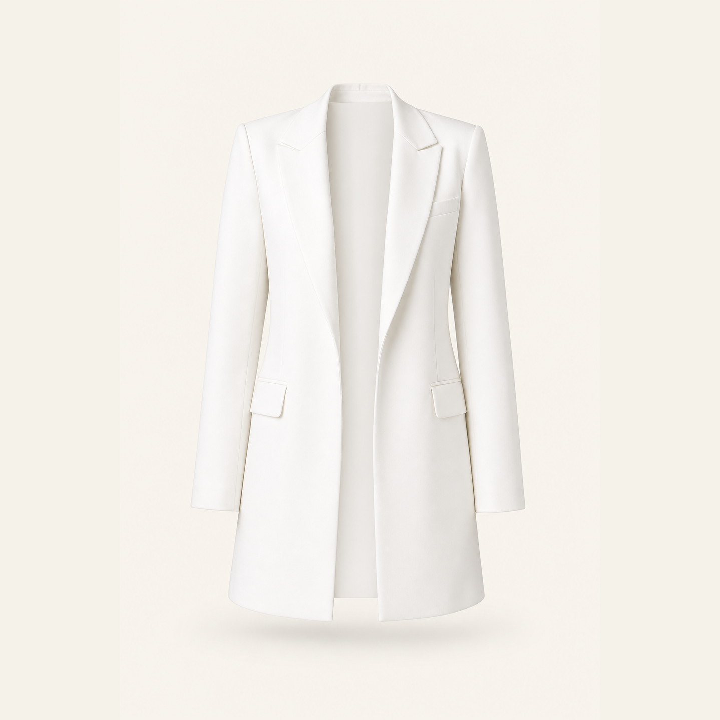 White longline blazer with open front and welt pockets by Lord & Taylor Heritage, flat lay