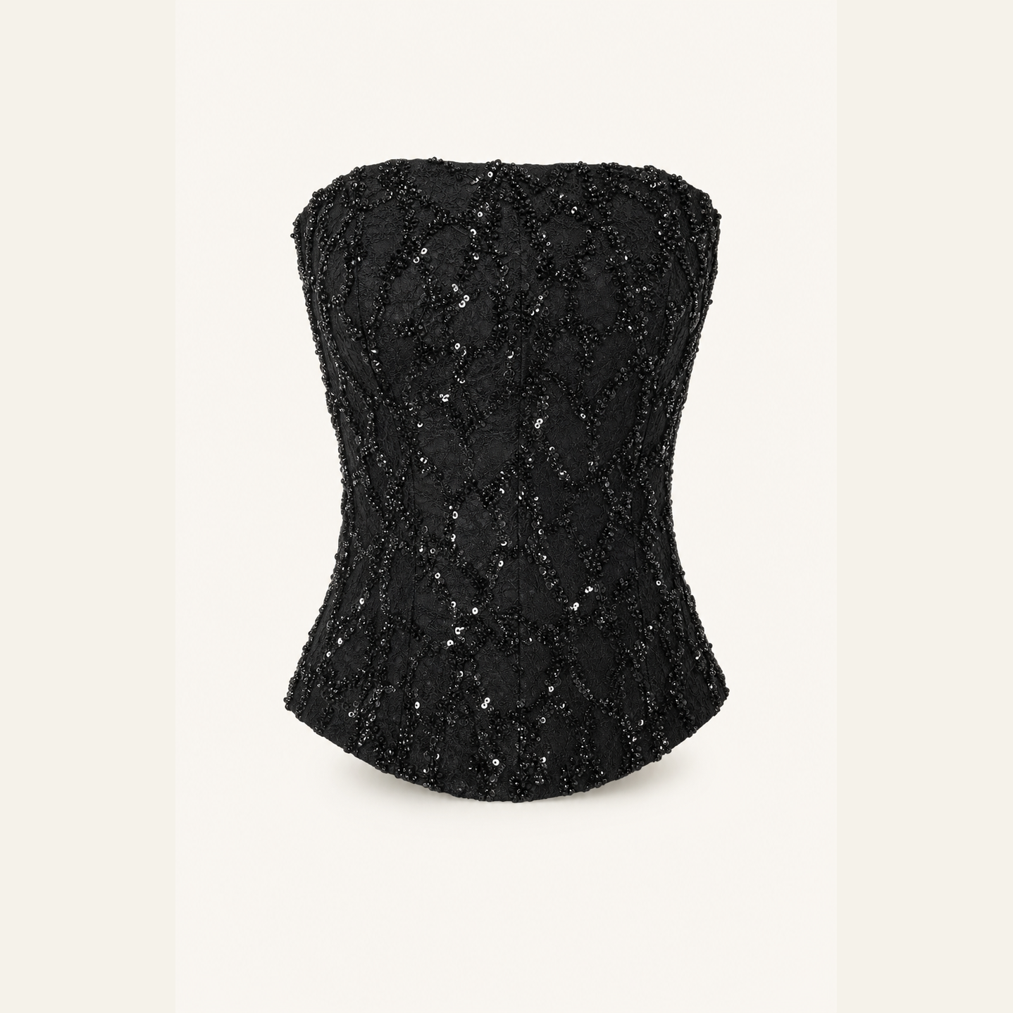 Black sequin bustier top with straight neckline, full view by Lord & Taylor Heritage