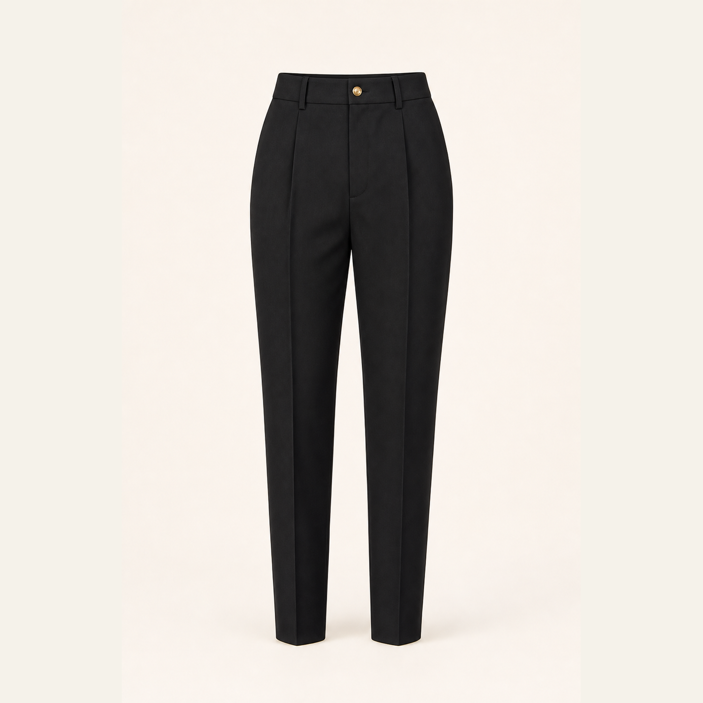 Black slim tapered trousers flat lay product shot by Lord & Taylor Heritage