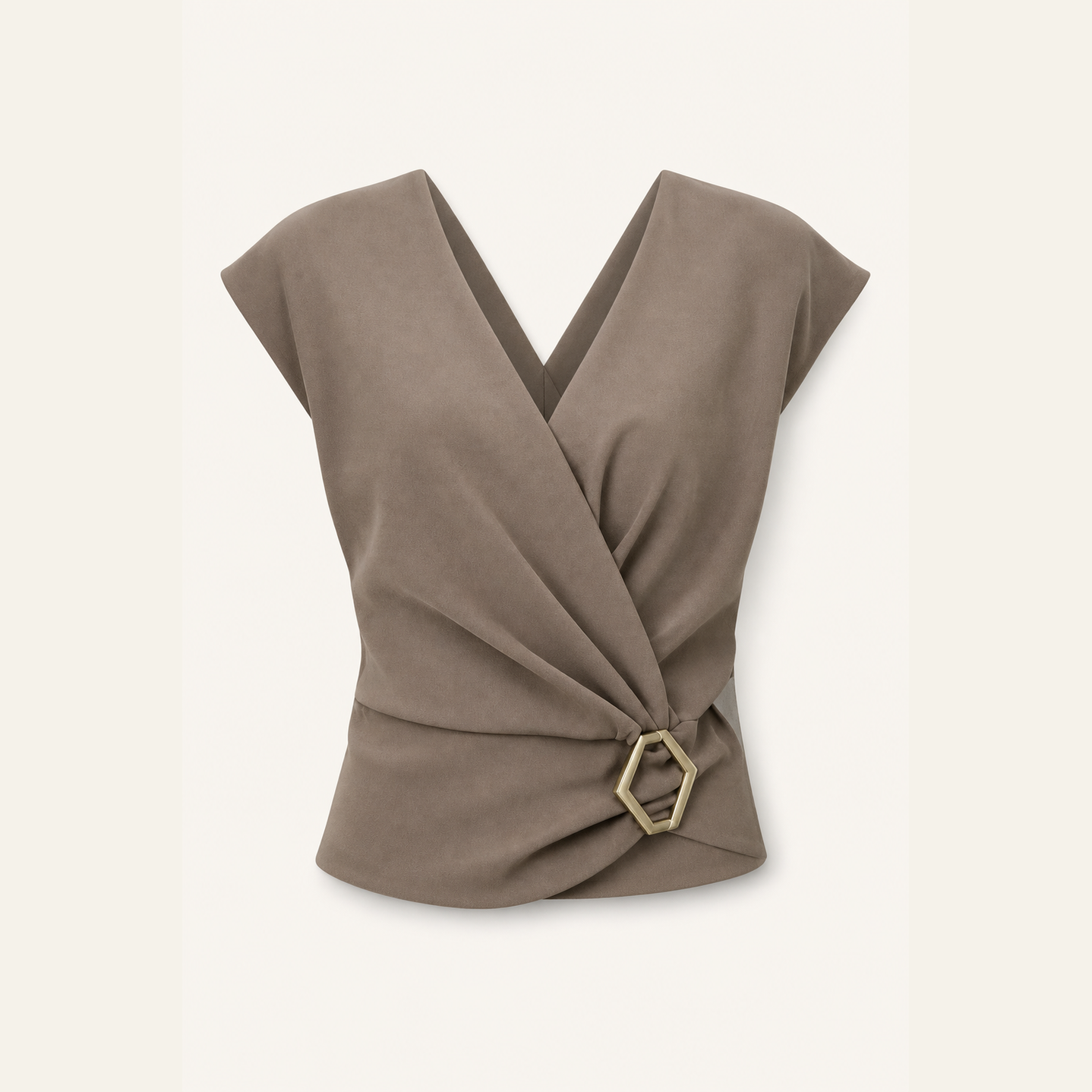 Taupe wrap top with structured shoulders and side buckle, flat product shot