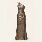 Bronze sequin column gown flat lay showing full-length silhouette