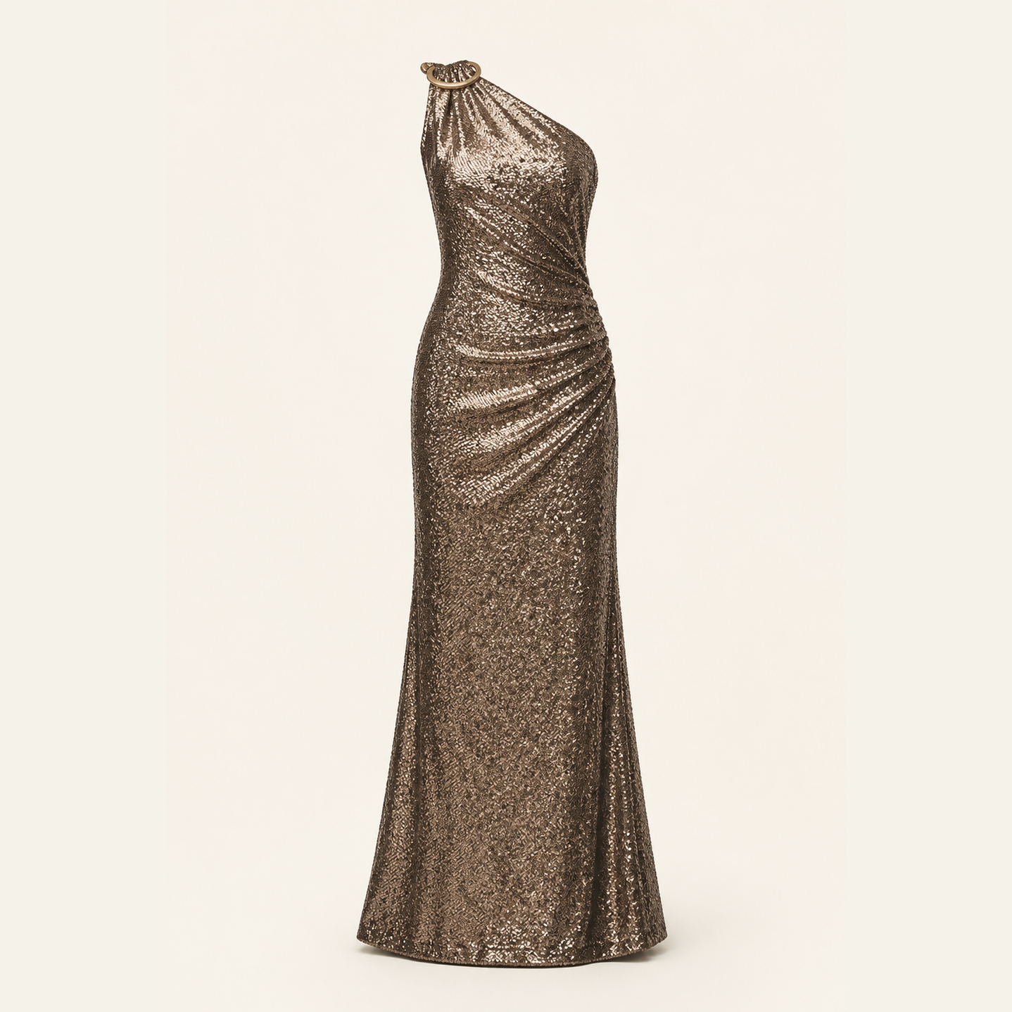 Bronze sequin column gown flat lay showing full-length silhouette