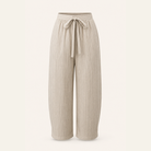 Beige pinstripe wide-leg trousers flat lay product shot by Lord & Taylor Heritage