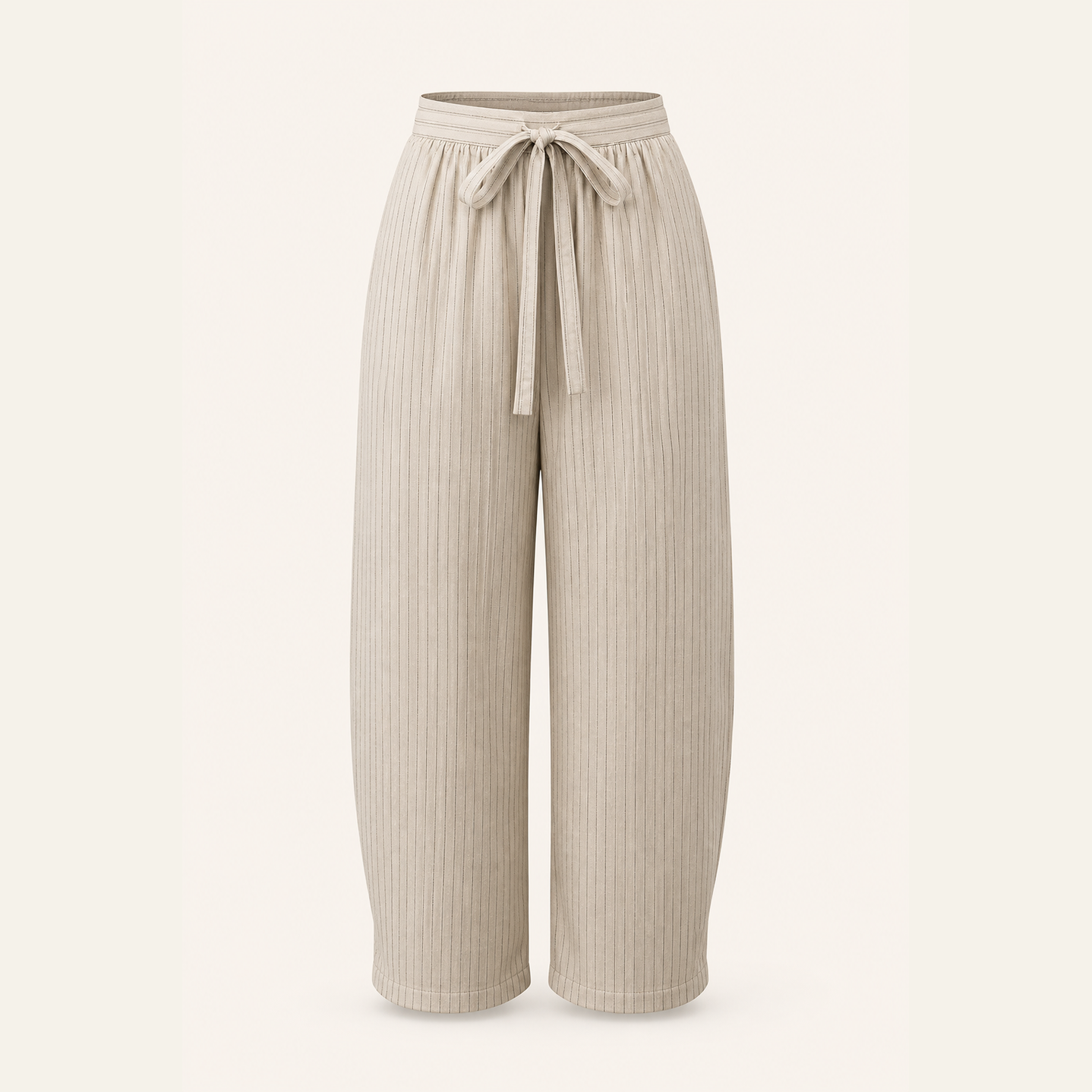 Beige pinstripe wide-leg trousers flat lay product shot by Lord & Taylor Heritage