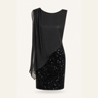 Black Lord & Taylor Heritage sequin dress with chiffon panel, flat lay