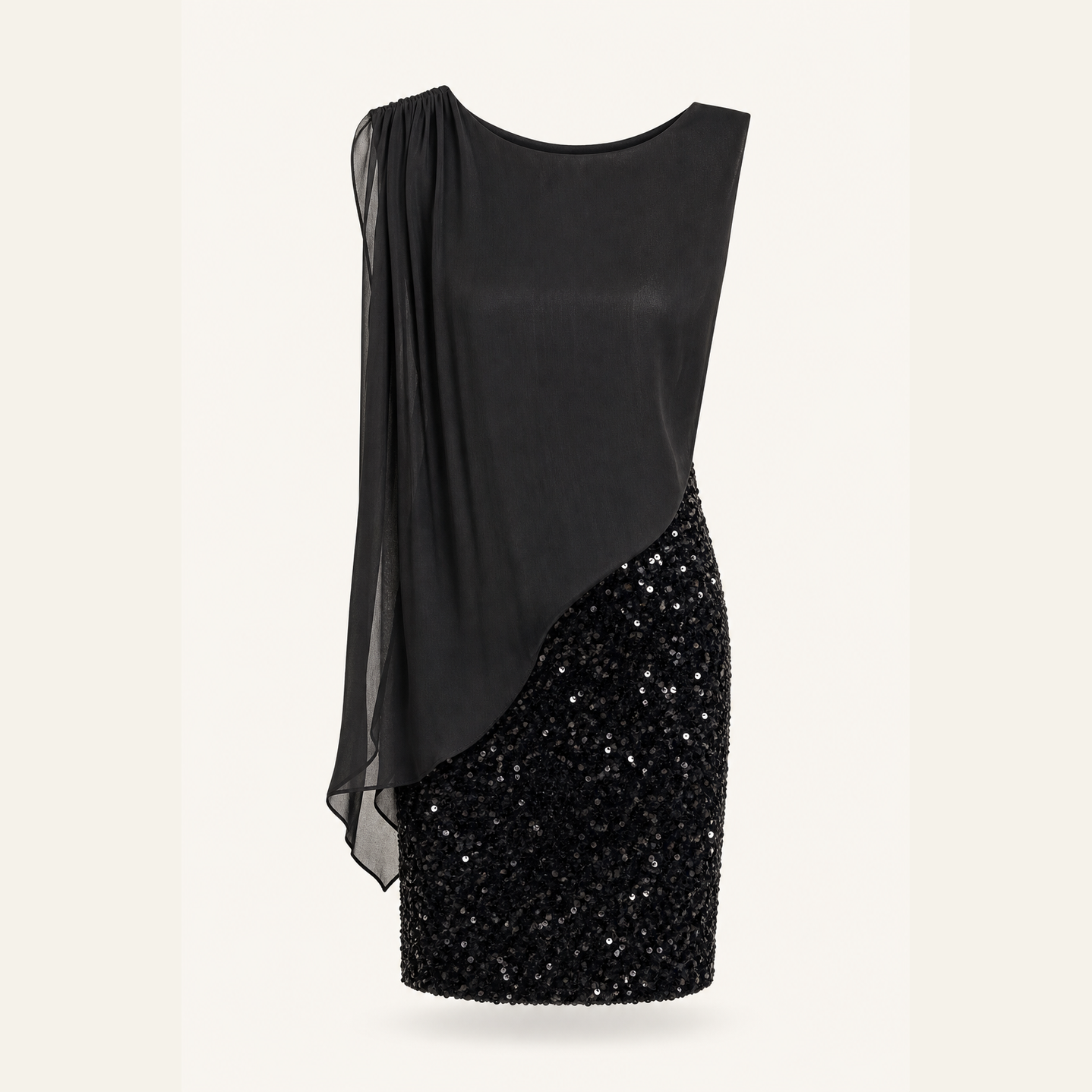 Black Lord & Taylor Heritage sequin dress with chiffon panel, flat lay
