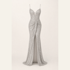 Silver beaded slip gown flat lay showing full-length silhouette and fringe texture