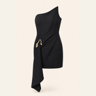 Black strapless mini dress with gold-tone tassel and sash, flat lay by Lord & Taylor Heritage