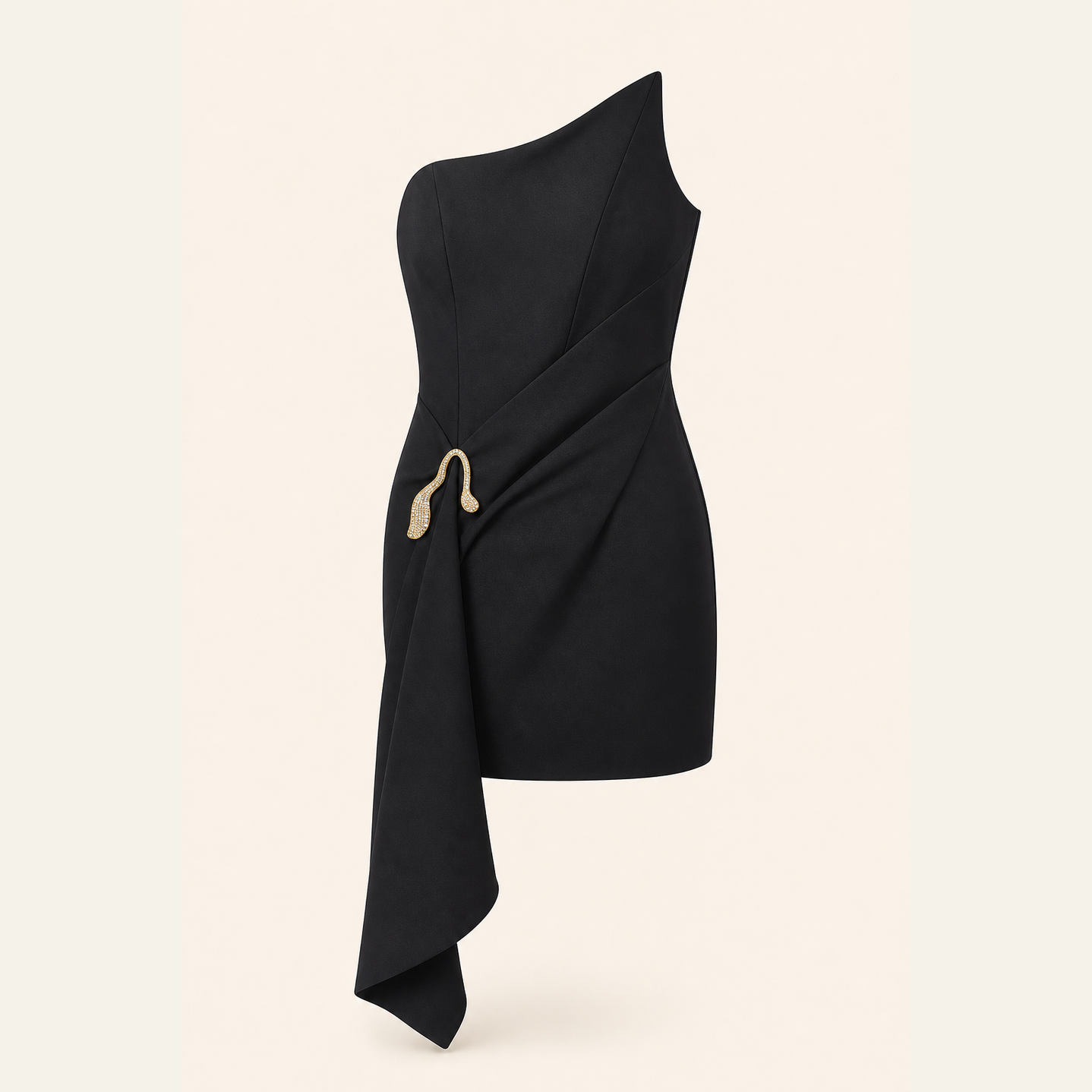 Black strapless mini dress with gold-tone tassel and sash, flat lay by Lord & Taylor Heritage