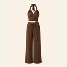 Chocolate brown two-piece set with halter top and wide-leg trousers, flat lay product shot