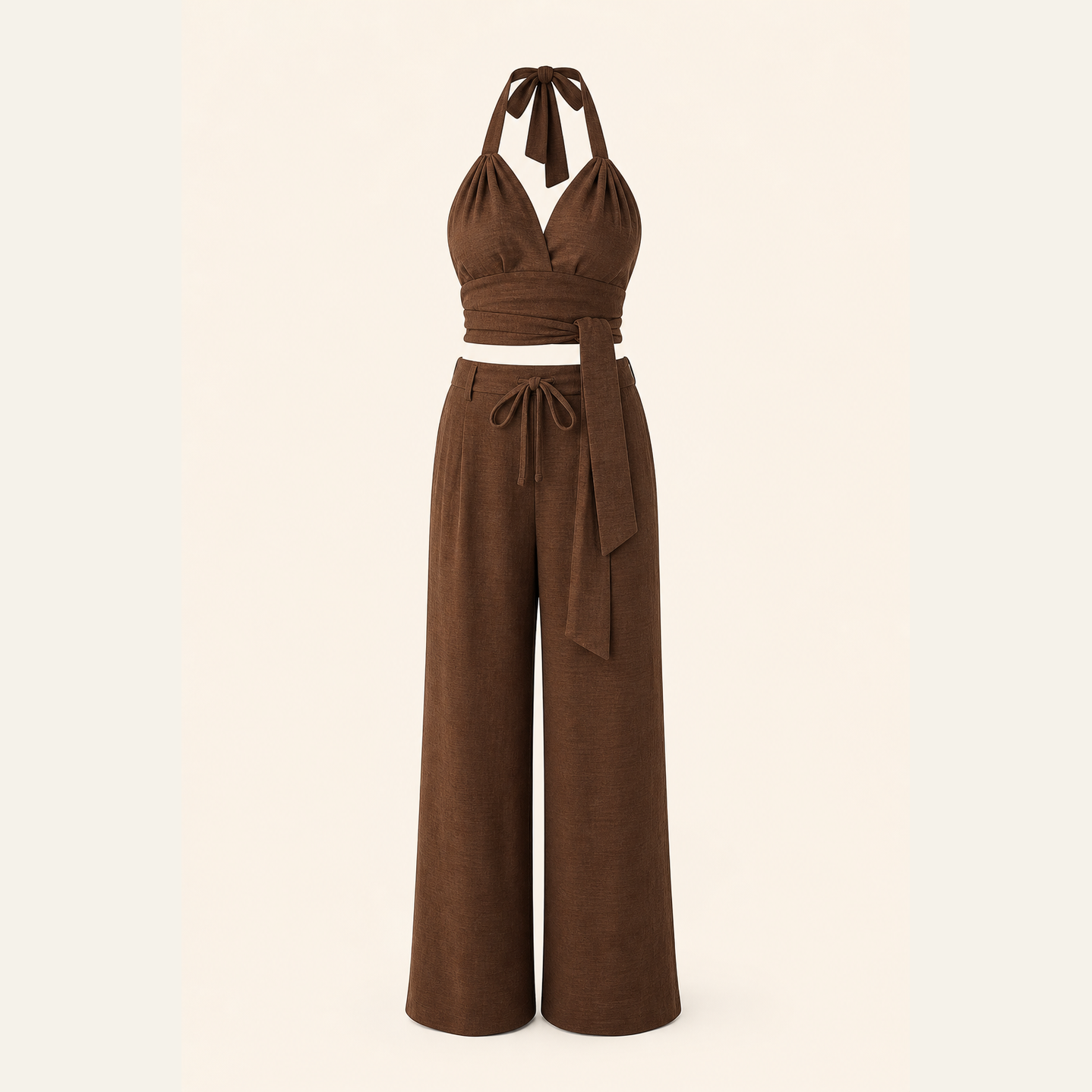 Chocolate brown two-piece set with halter top and wide-leg trousers, flat lay product shot