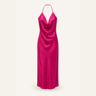 Fuchsia pink satin halter dress flat lay product shot by Lord & Taylor Heritage